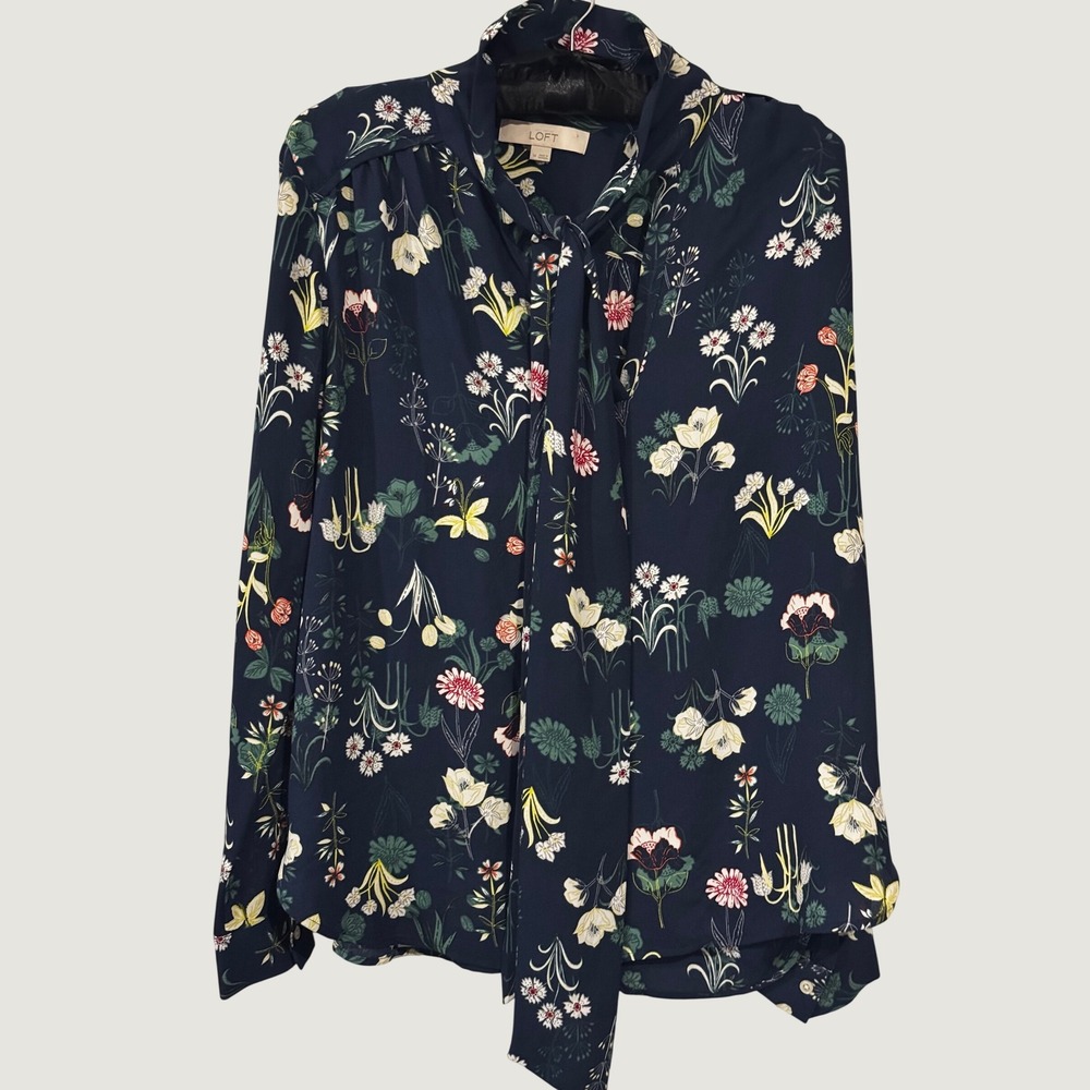 LOFT Ann Taylor Navy Blue Floral Tie Neck Blouse Long Sleeve Top Womens Medium